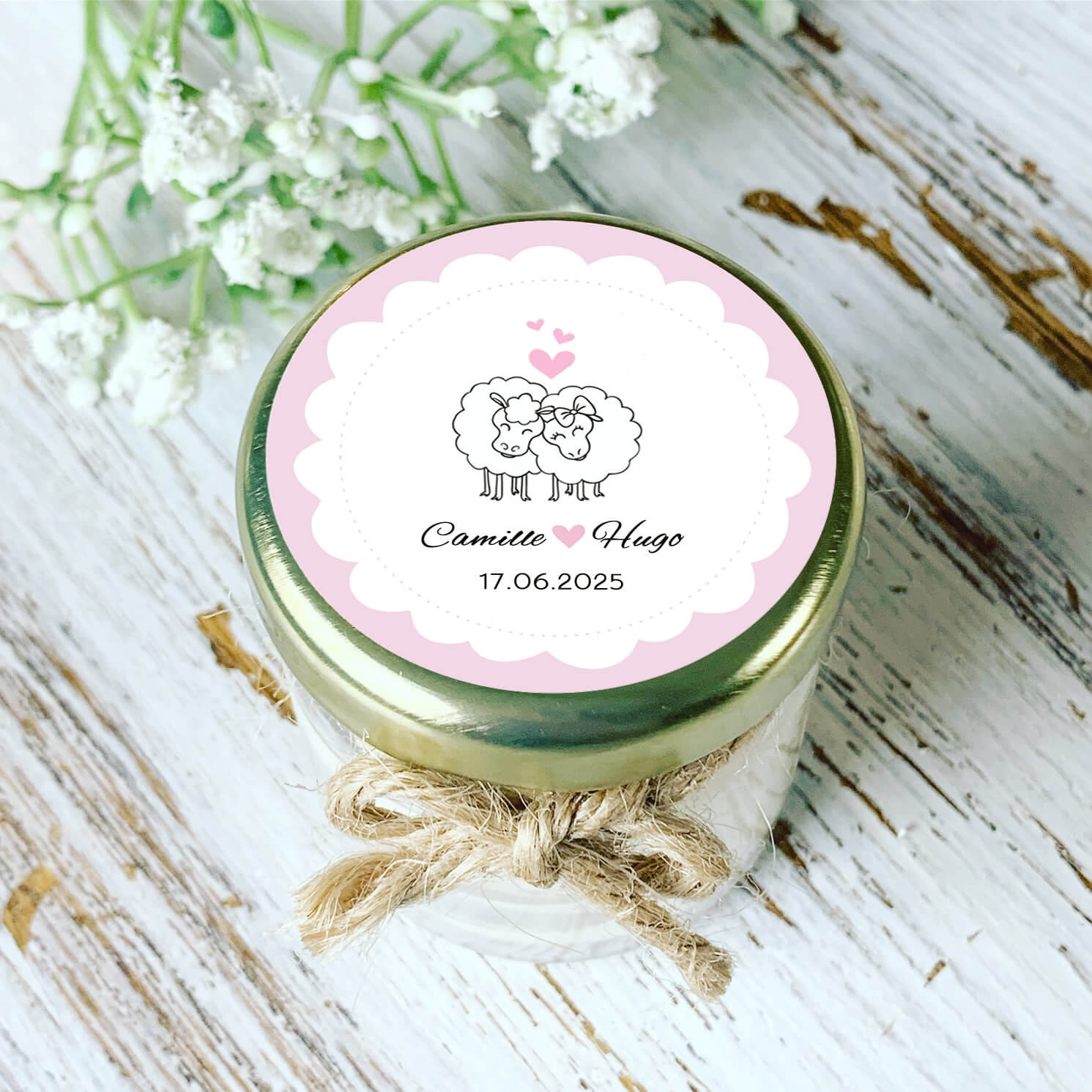 Bougie mariage personnalisée motif moutons amoureux – cadeau invités romantique