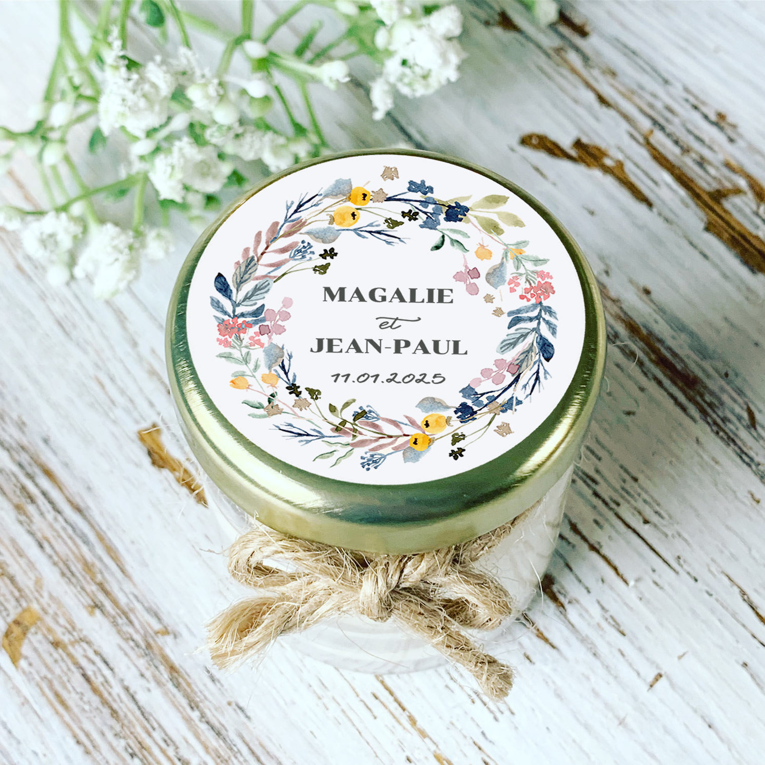 Bougie mariage personnalisée couronne florale champêtre chic