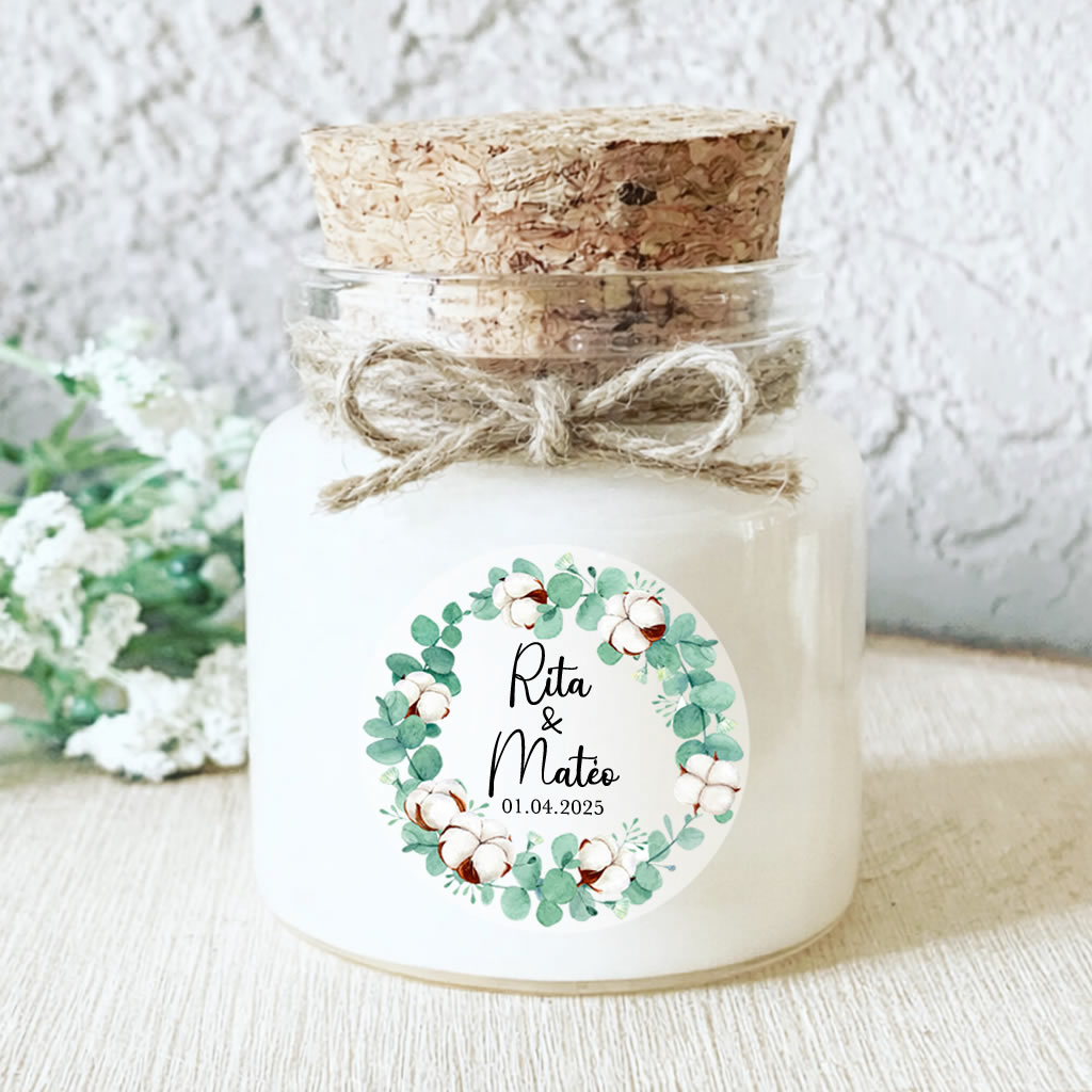 Bougie mariage personnalisée eucalyptus et fleurs de coton