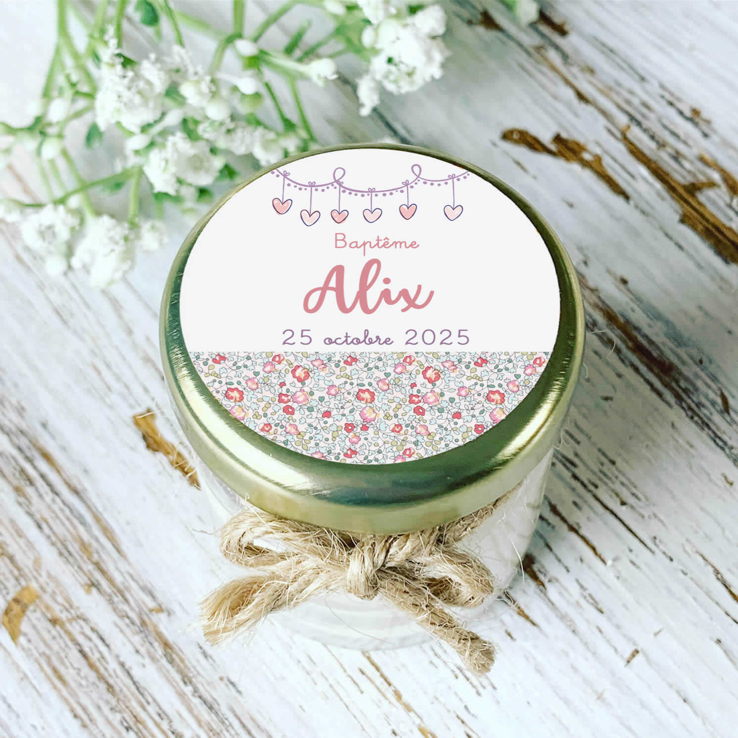 Bougie baptême personnalisée décor fleuri – cadeau invités pas cher