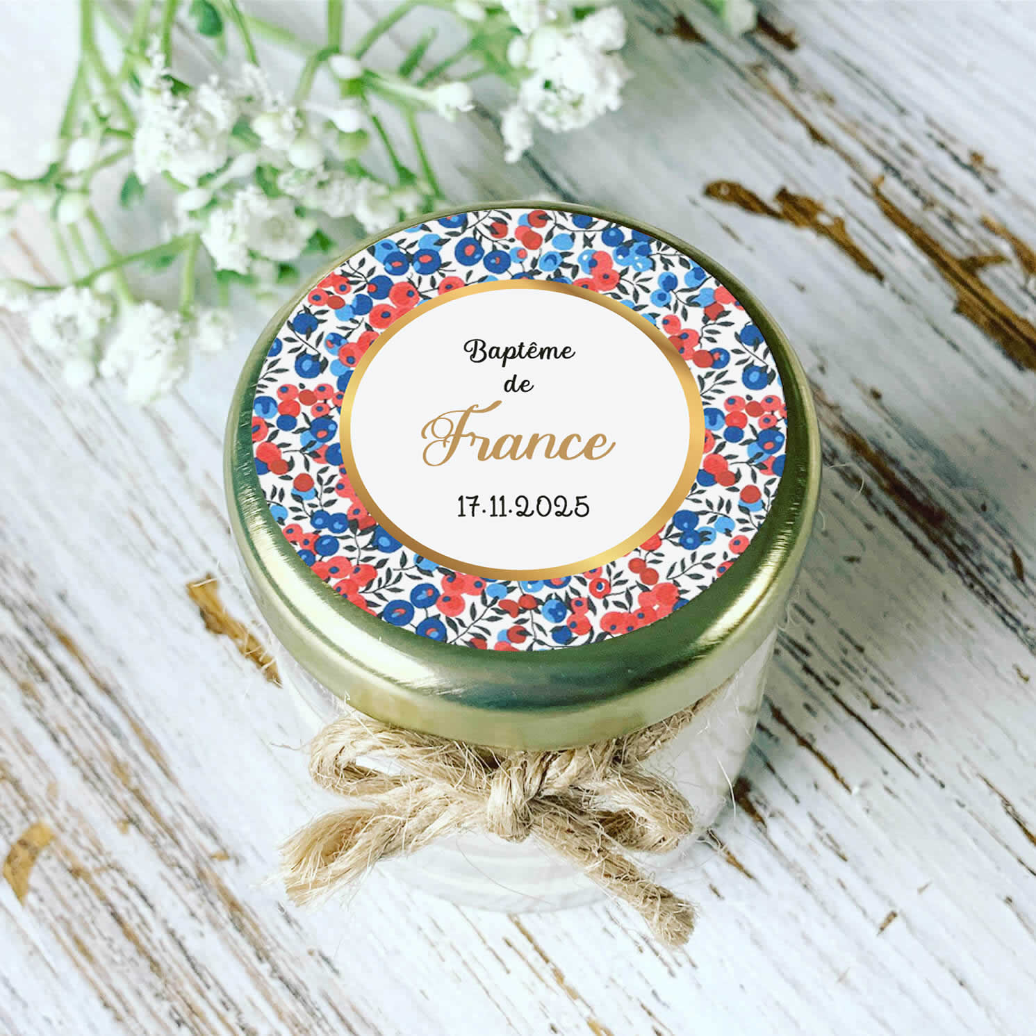 Bougie baptême personnalisée motif Liberty bleu et corail