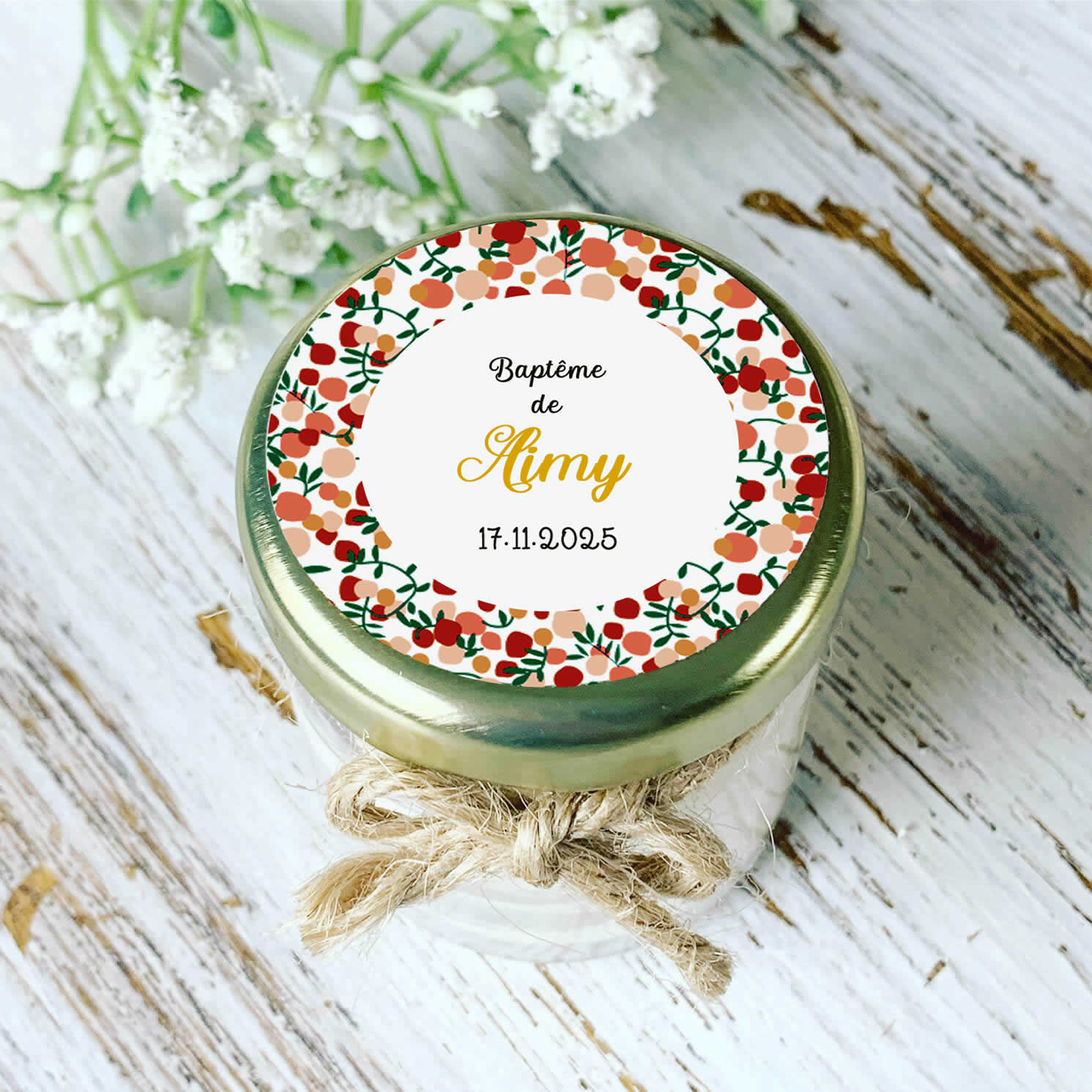Bougie baptême Liberty personnalisée - cadeau invités fleuri