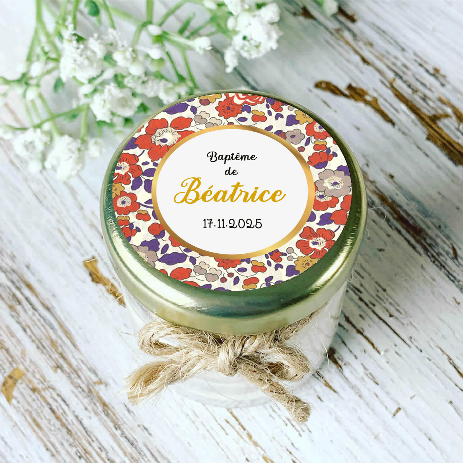 Bougie parfumée personnalisée baptême motif Liberty pour invités