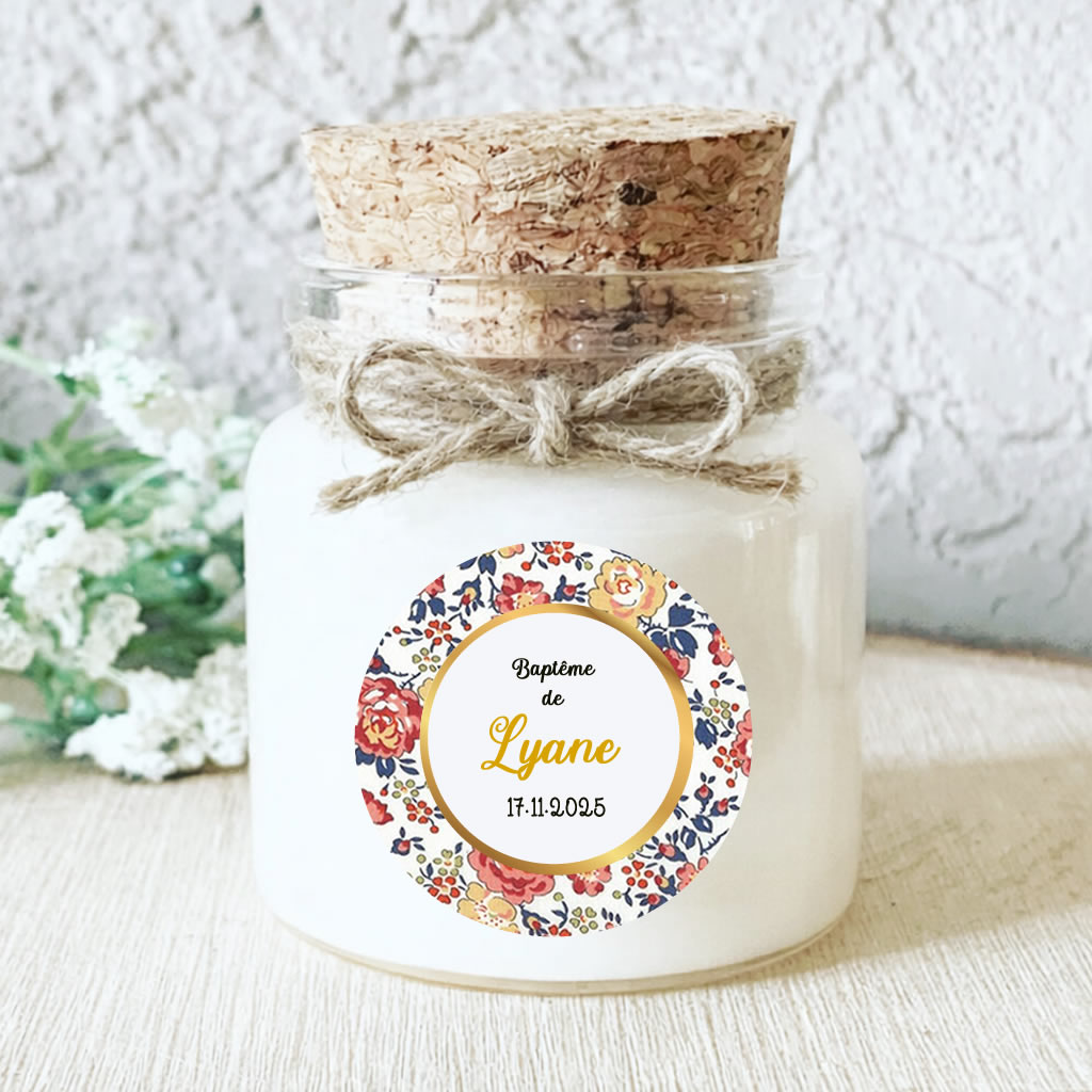 Bougie baptême personnalisée motif Liberty fleuri