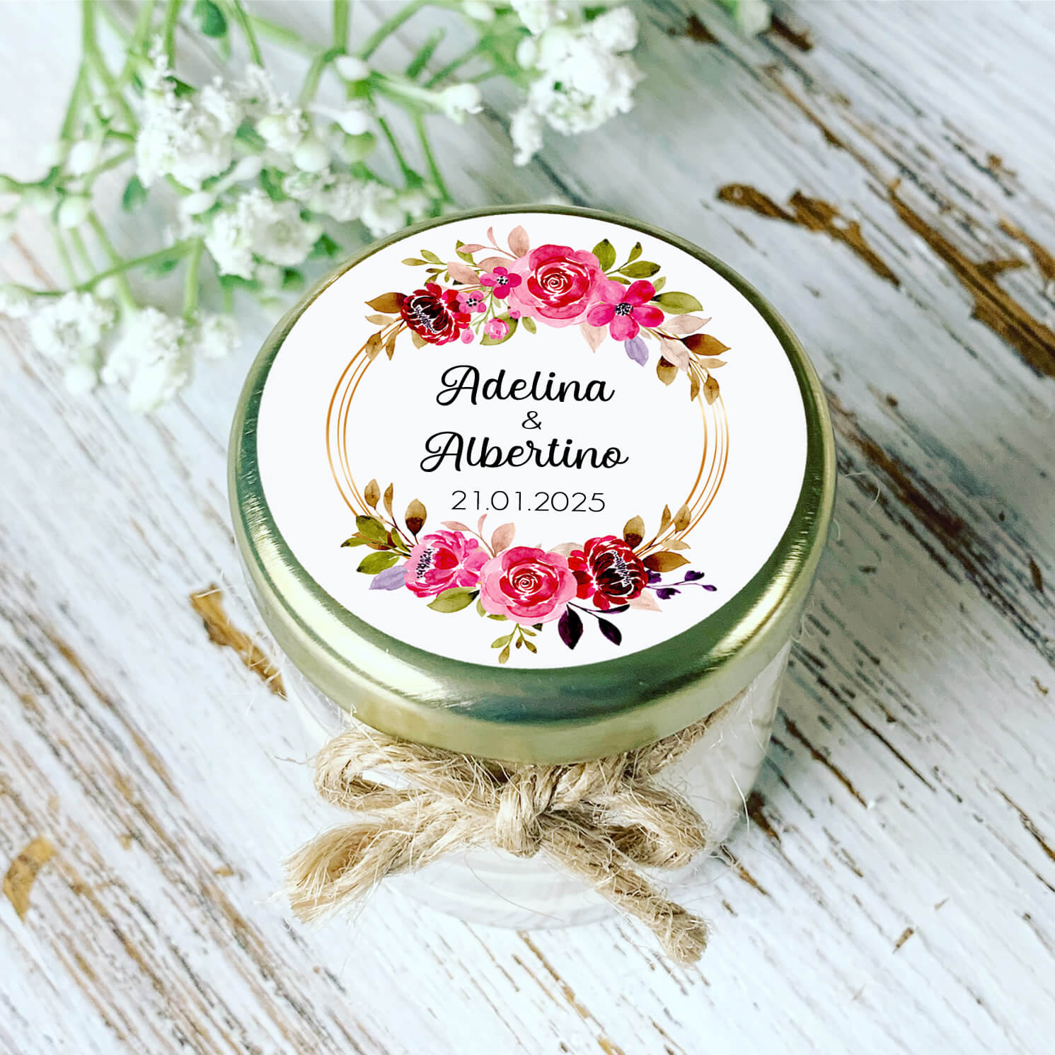 Bougie personnalisée mariage couronne florale rose et doré – cadeau invités romantique