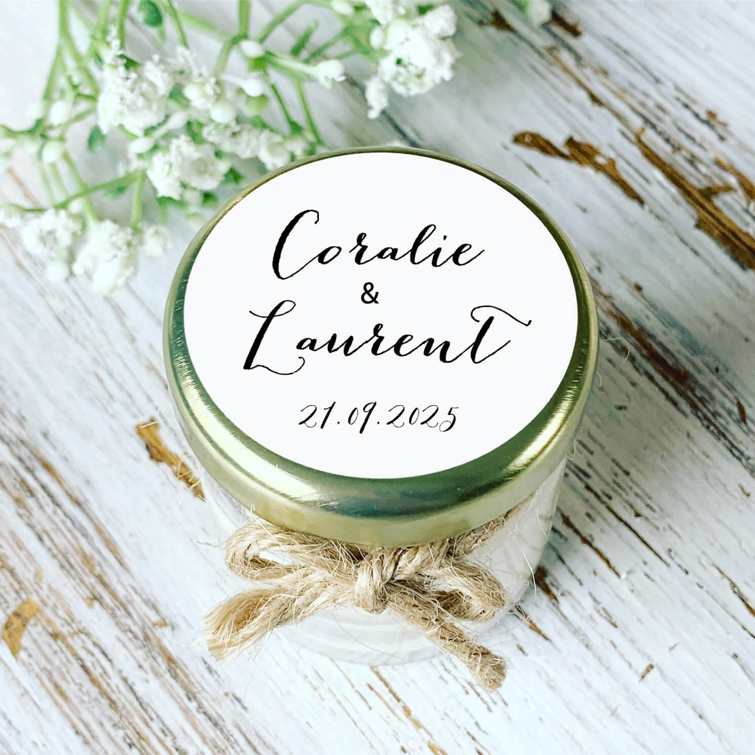 Bougie mariage personnalisée style calligraphie minimaliste – cadeau invités élégant