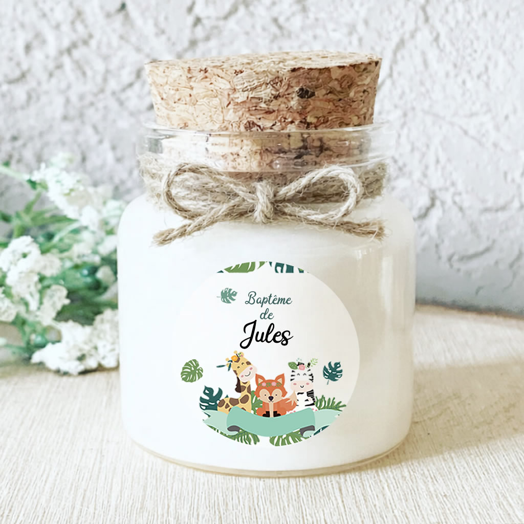 Bougie baptême personnalisée thème safari animaux de la jungle