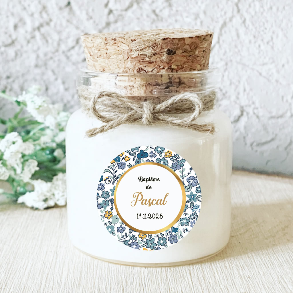 Bougie baptême personnalisée motif Liberty bleu garçon