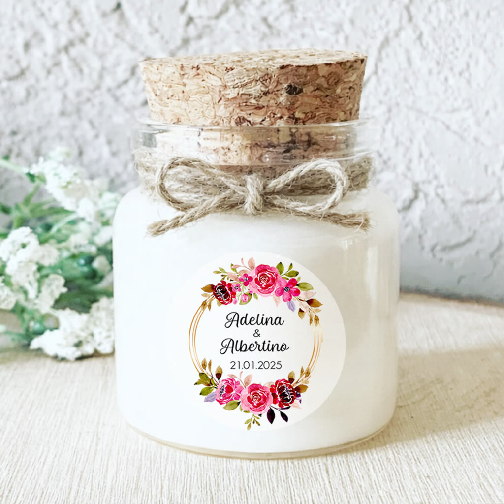 Bougie personnalisée mariage avec fleurs aquarelle et corde jute, cadeau invité romantique et champêtre en cire de soja naturelle.