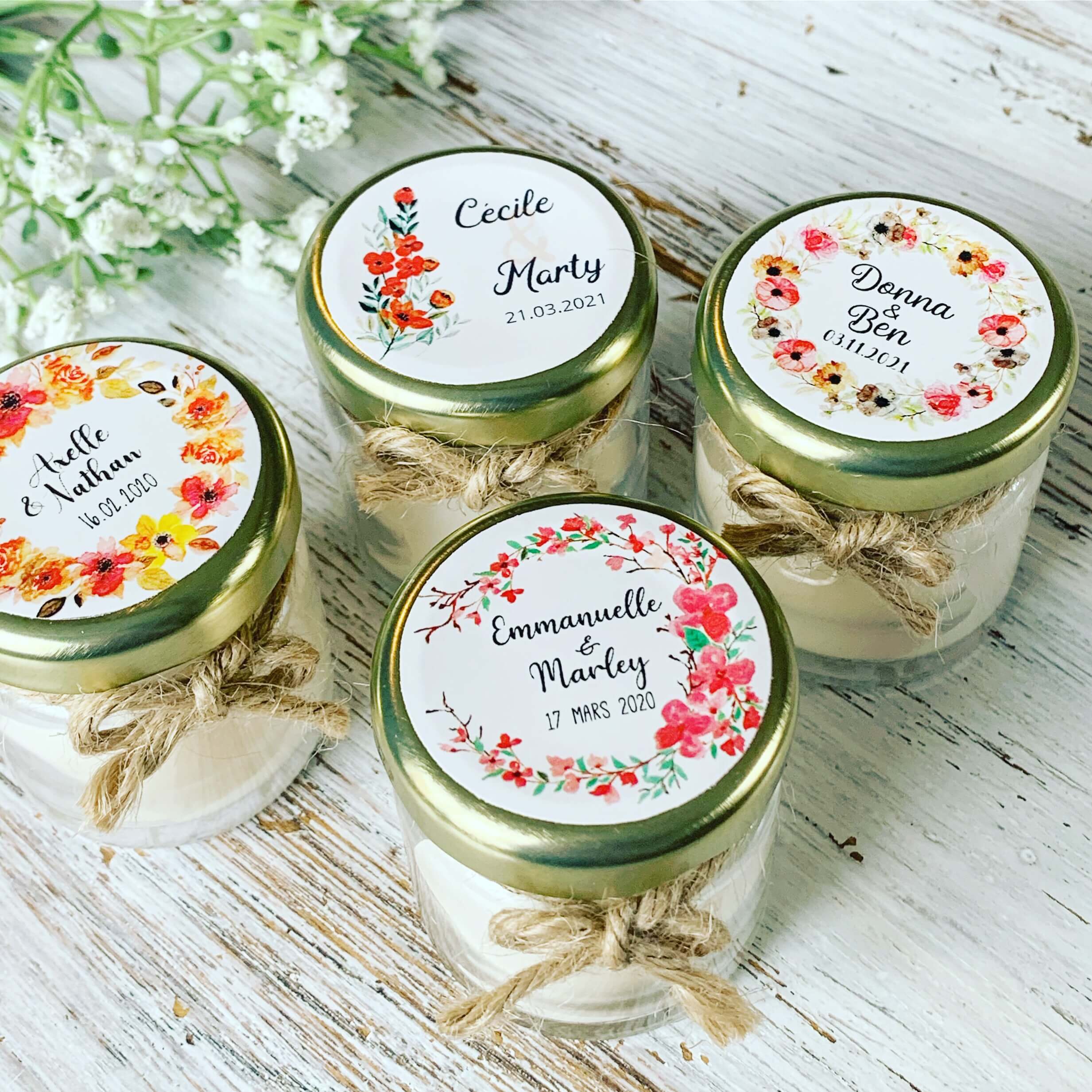 Mini Bougie personnalisée mariage bohème fleuri - Cadeaux invités mariage