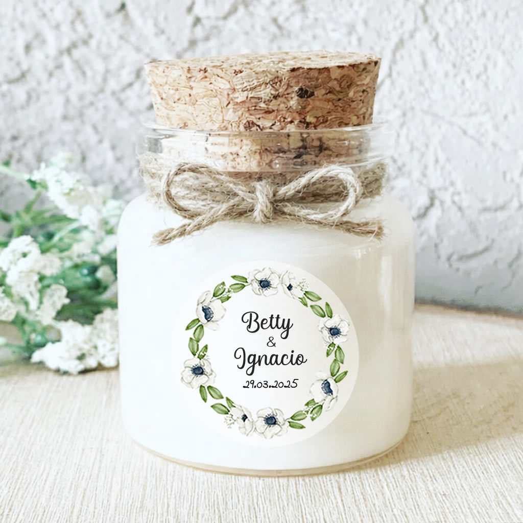 Cadeaux invités de mariage bougie personnalisée parfumée fait-main en Provence Mariage Feuillage Anémones