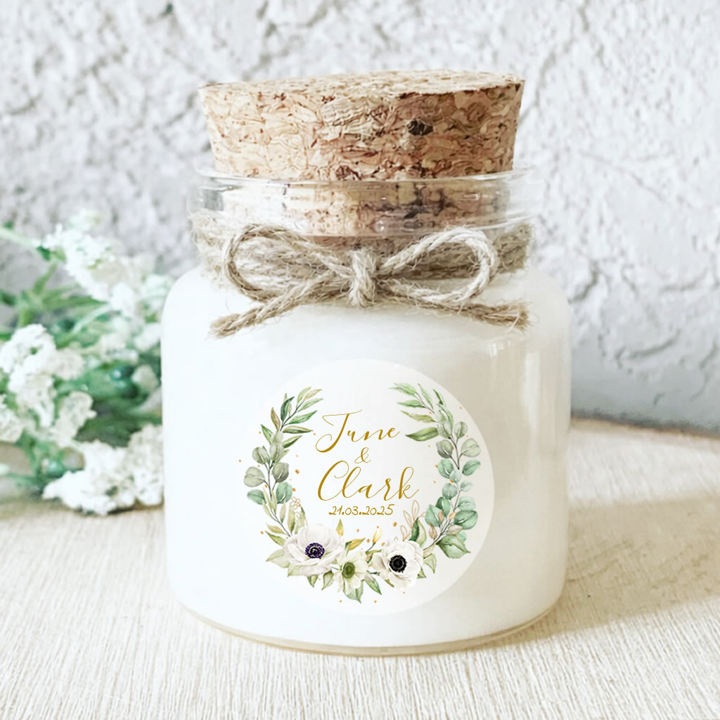 Cadeaux invités de mariage bougie personnalisée parfumée fait-main en Provence Mariage Feuillage Anémones