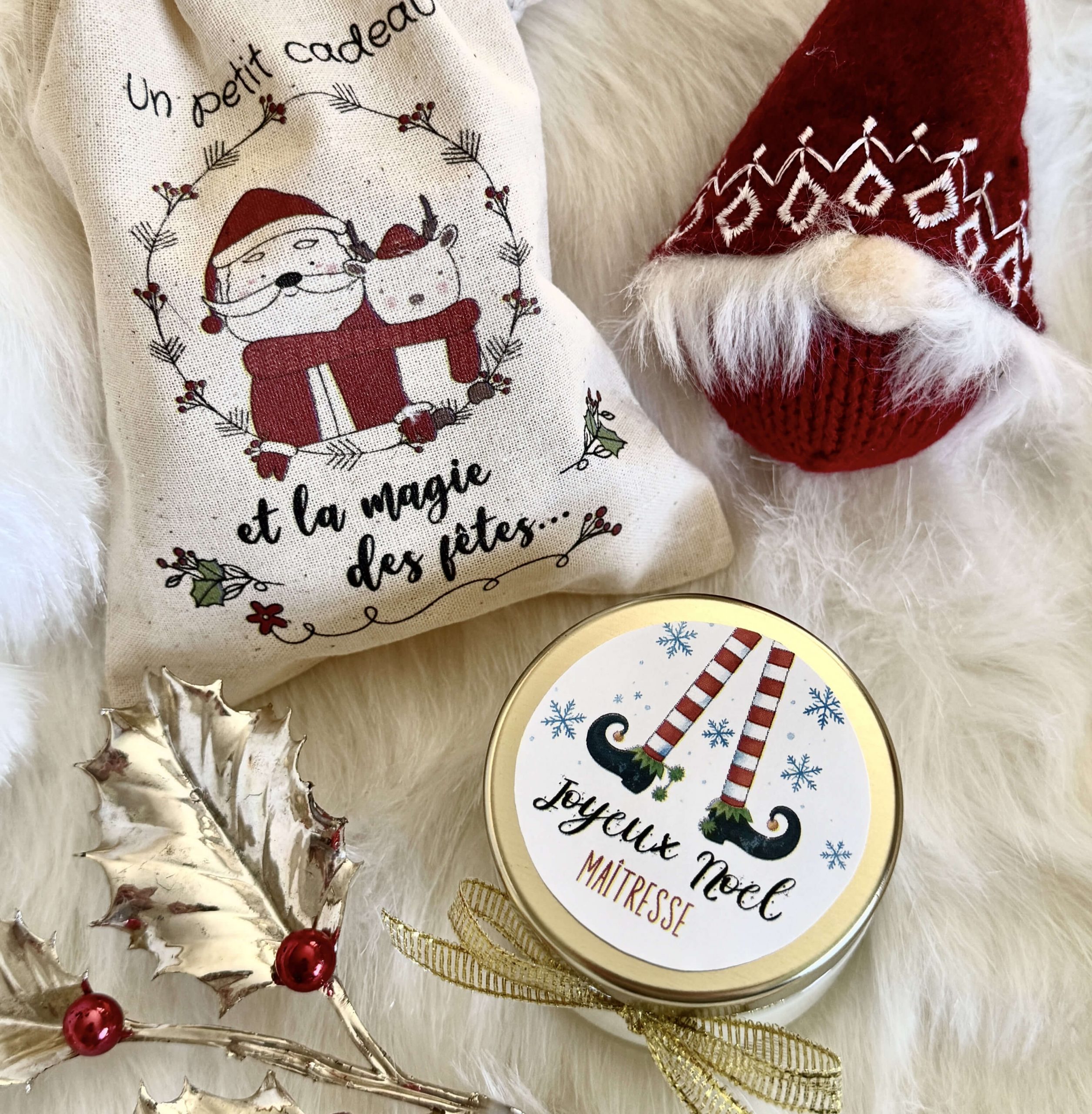 Bougie de Noël Personnalisée avec Pochon - Cadeau Maîtresse, Nounou, ATSEM, Collègue, Amis