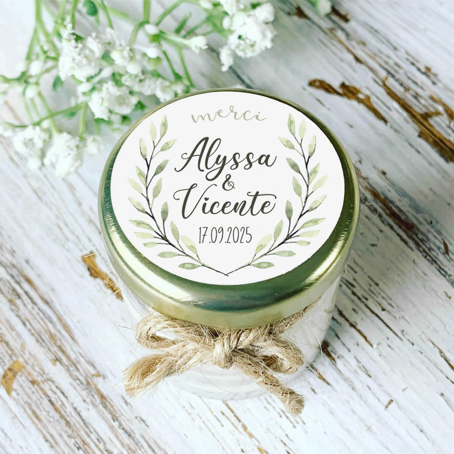 Bougie mariage personnalisée eucalyptus cadeau invités naturel