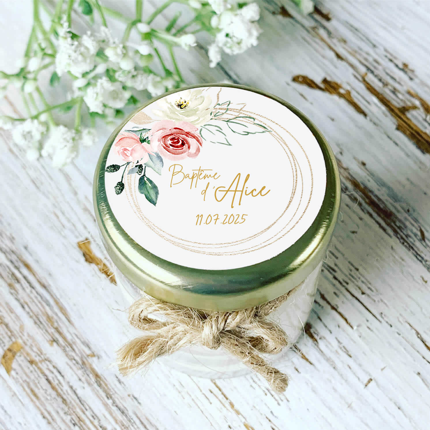 Bougie personnalisée baptême fille – modèle floral chic rose