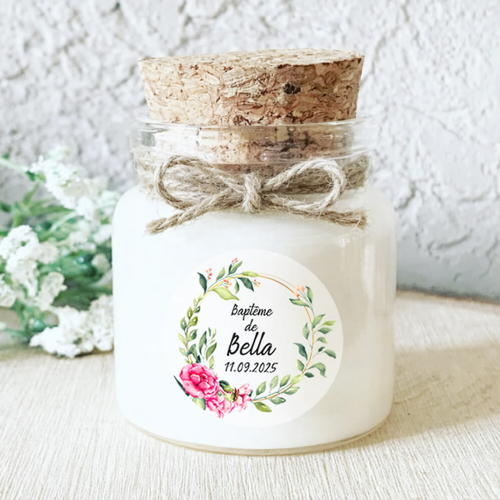 Cadeaux invités de baptême motif pivoines et feuillage, bougies parfumée personnalisée faveur communion