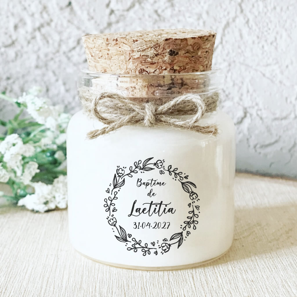 Bougie parfumée personnalisée baptême floral bohème – cadeau invités