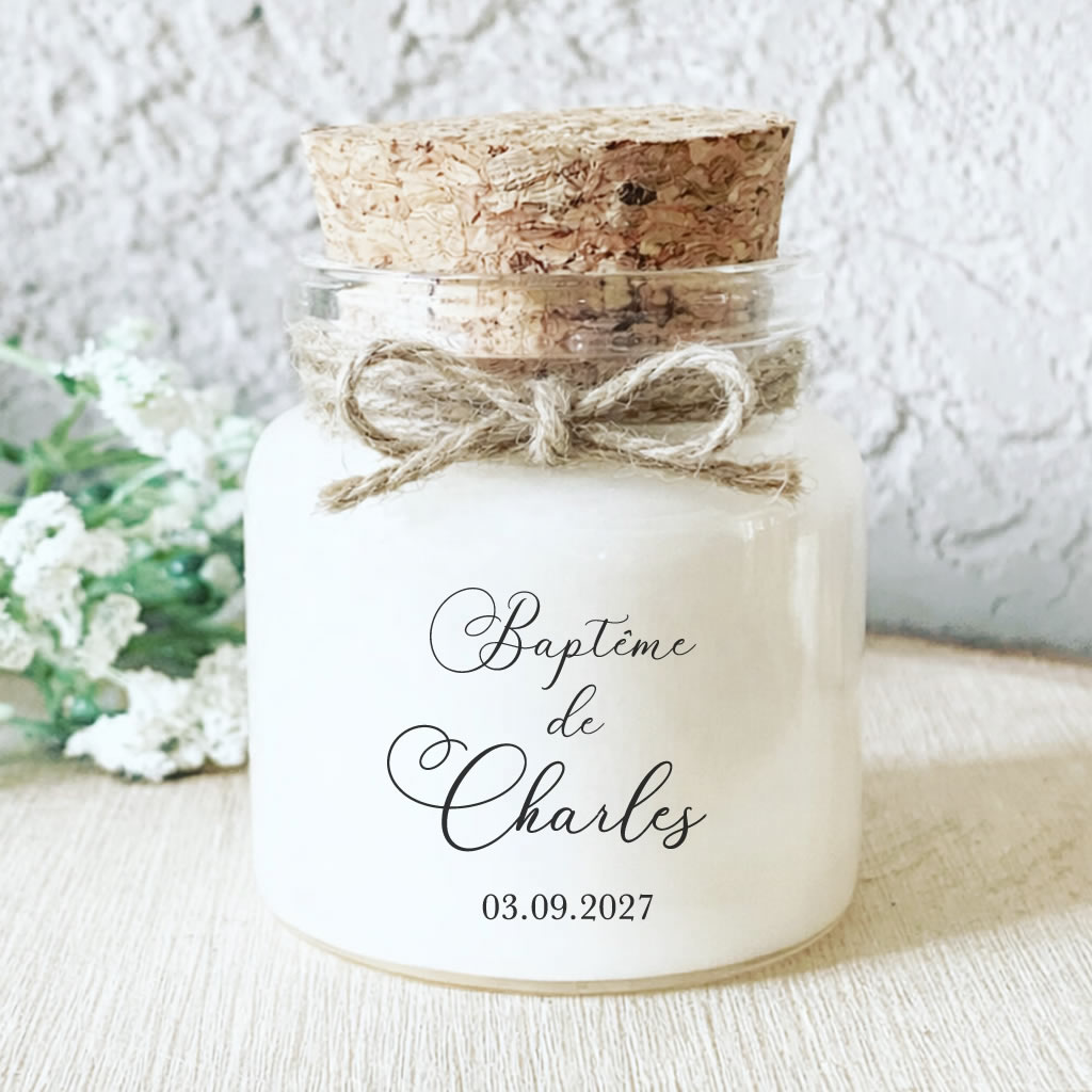 Bougie parfumée personnalisée baptême calligraphie – cadeau invités
