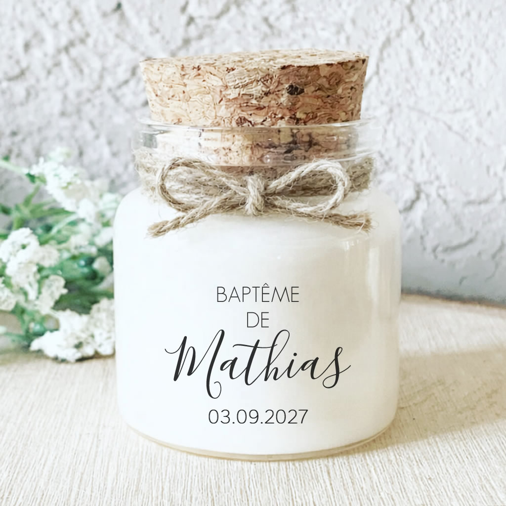Bougie parfumée personnalisée baptême écriture manuscrite – cadeau invités