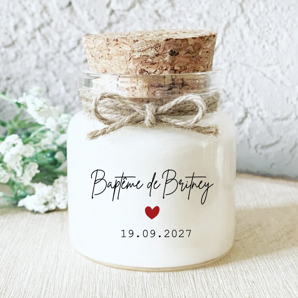 Bougie parfumée personnalisée baptême signature moderne – cadeau invités