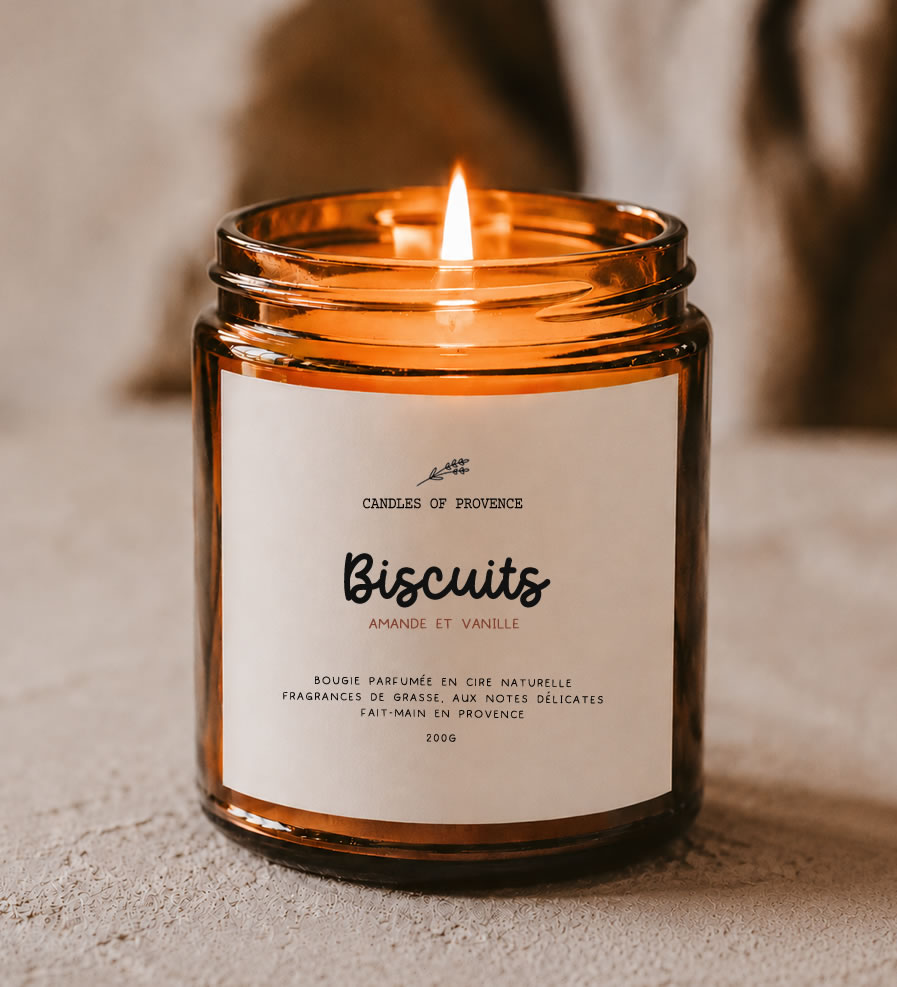 Bougie Petits Biscuits en cire de soja naturelle fait-main en Provence, pot en verre ambré style apothicaire