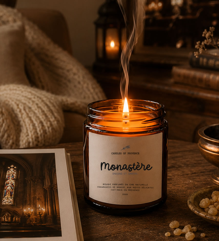 Bougie parfumée Monastère encens église myrrhe boisée artisanale fabriquée en Provence